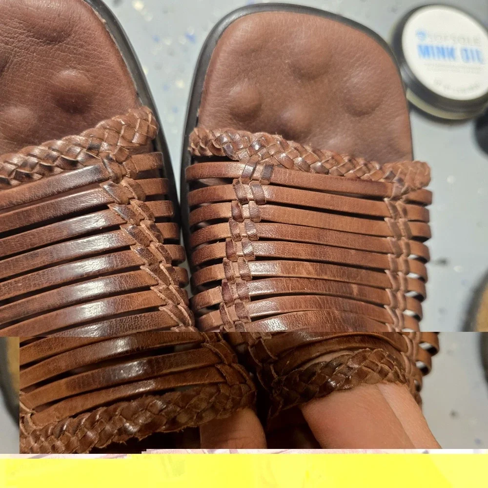 Walking Cradles Women's Brown Leather Woven Slide‎ Sandals Comfort Wedges Size9